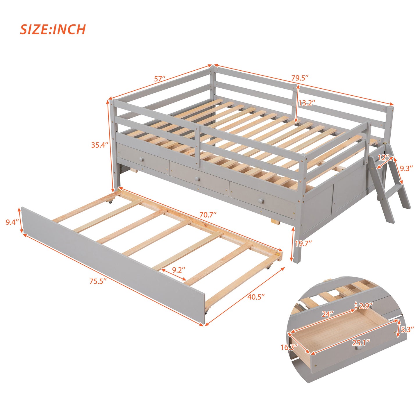 1 Low Loft Bed Full Size with Full Safety Fence;  Climbing ladder;  Storage Drawers and Trundle  Solid Wood Bed