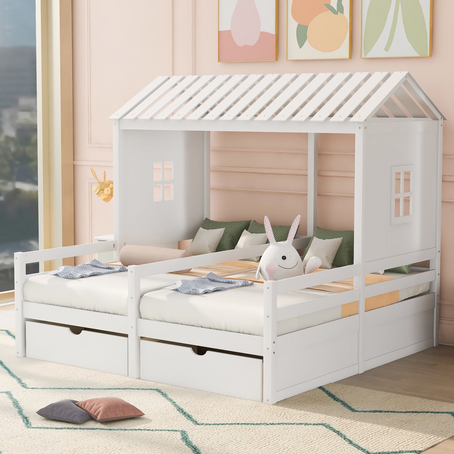 1 Twin Size House Platform Beds with Two Drawers for Boy and Girl Shared Beds, Combination of 2 Side by Side Twin Size Beds