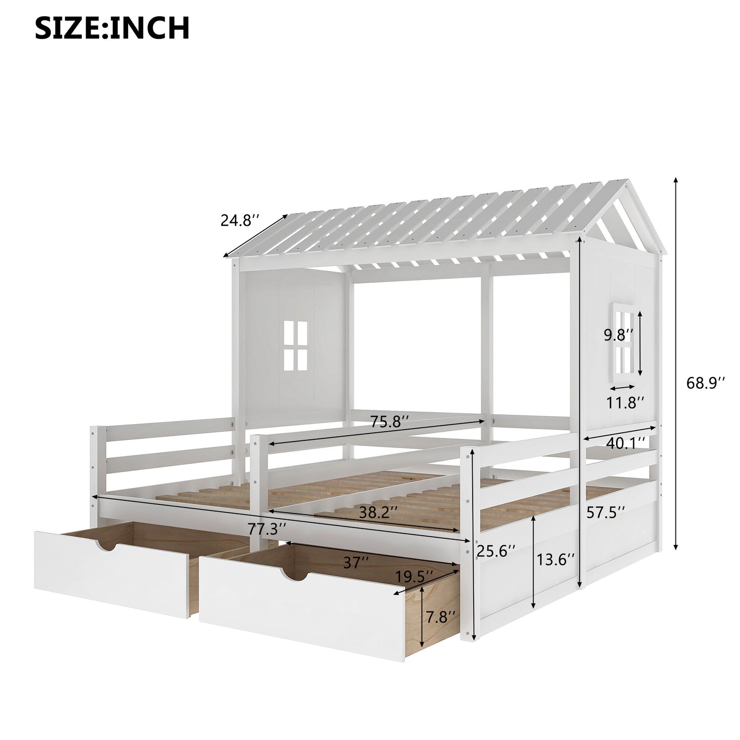 1 Twin Size House Platform Beds with Two Drawers for Boy and Girl Shared Beds, Combination of 2 Side by Side Twin Size Beds