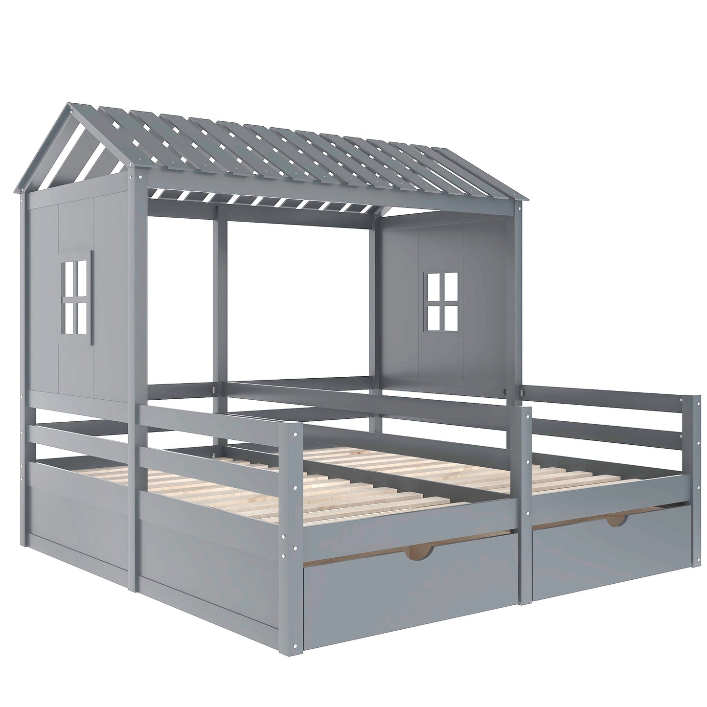 1 Twin Size House Platform Beds with Two Drawers for Boy and Girl Shared Beds, Combination of 2 Side by Side Twin Size Beds