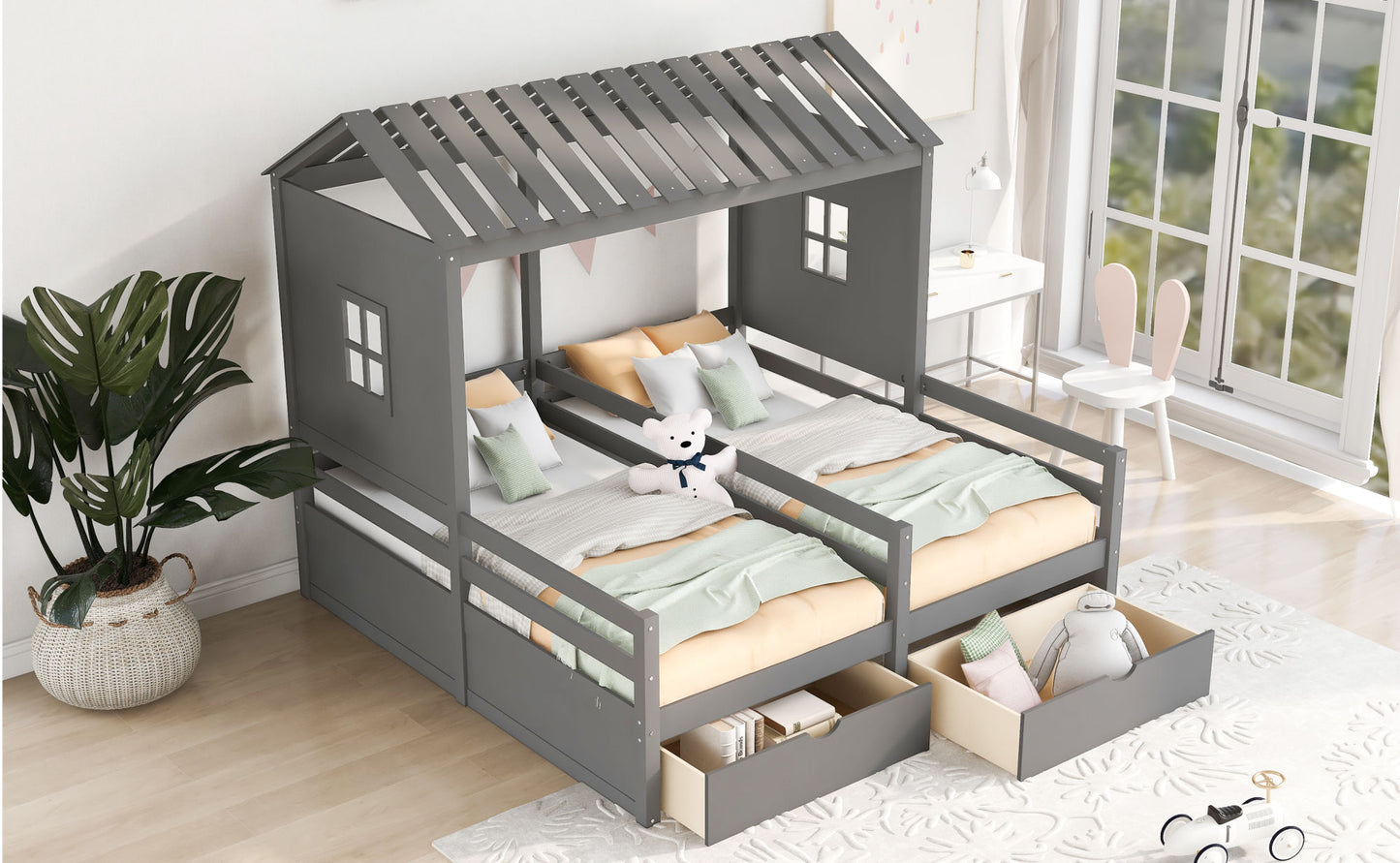 1 Twin Size House Platform Beds with Two Drawers for Boy and Girl Shared Beds, Combination of 2 Side by Side Twin Size Beds