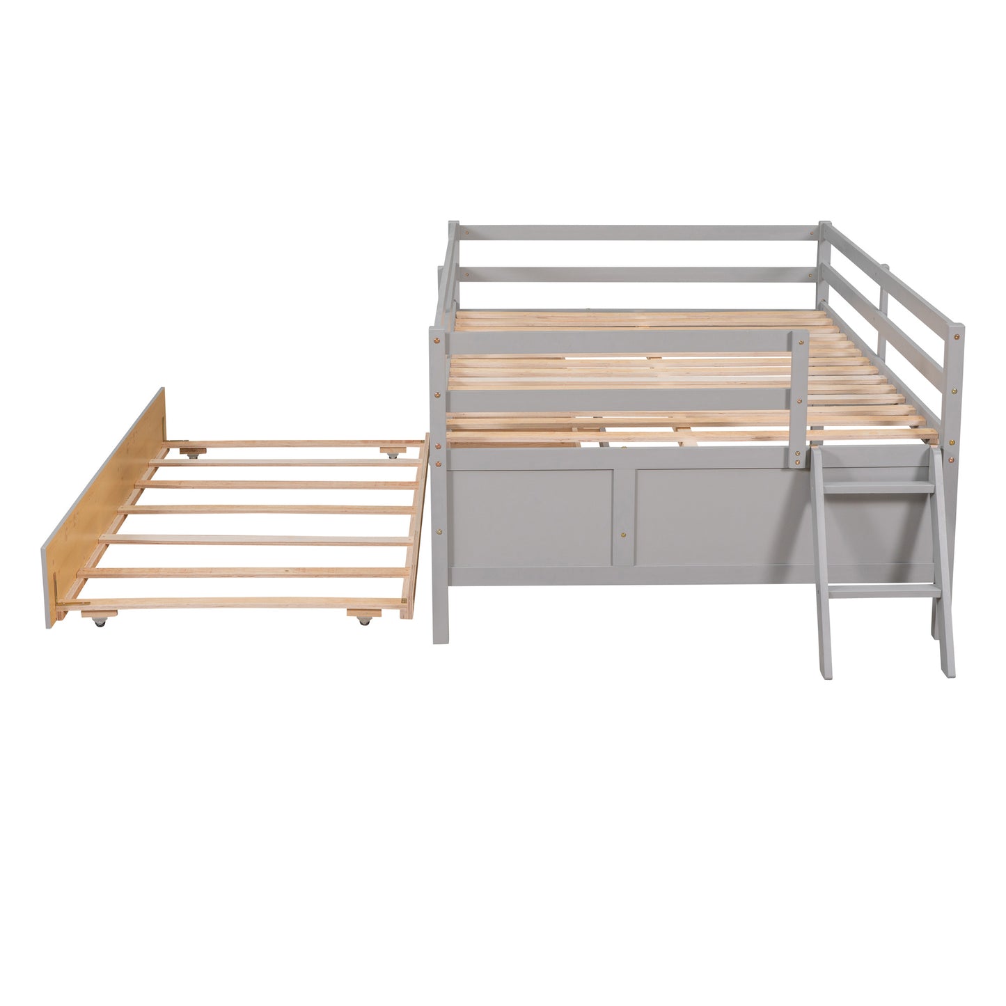 1 Low Loft Bed Full Size with Full Safety Fence;  Climbing ladder;  Storage Drawers and Trundle  Solid Wood Bed