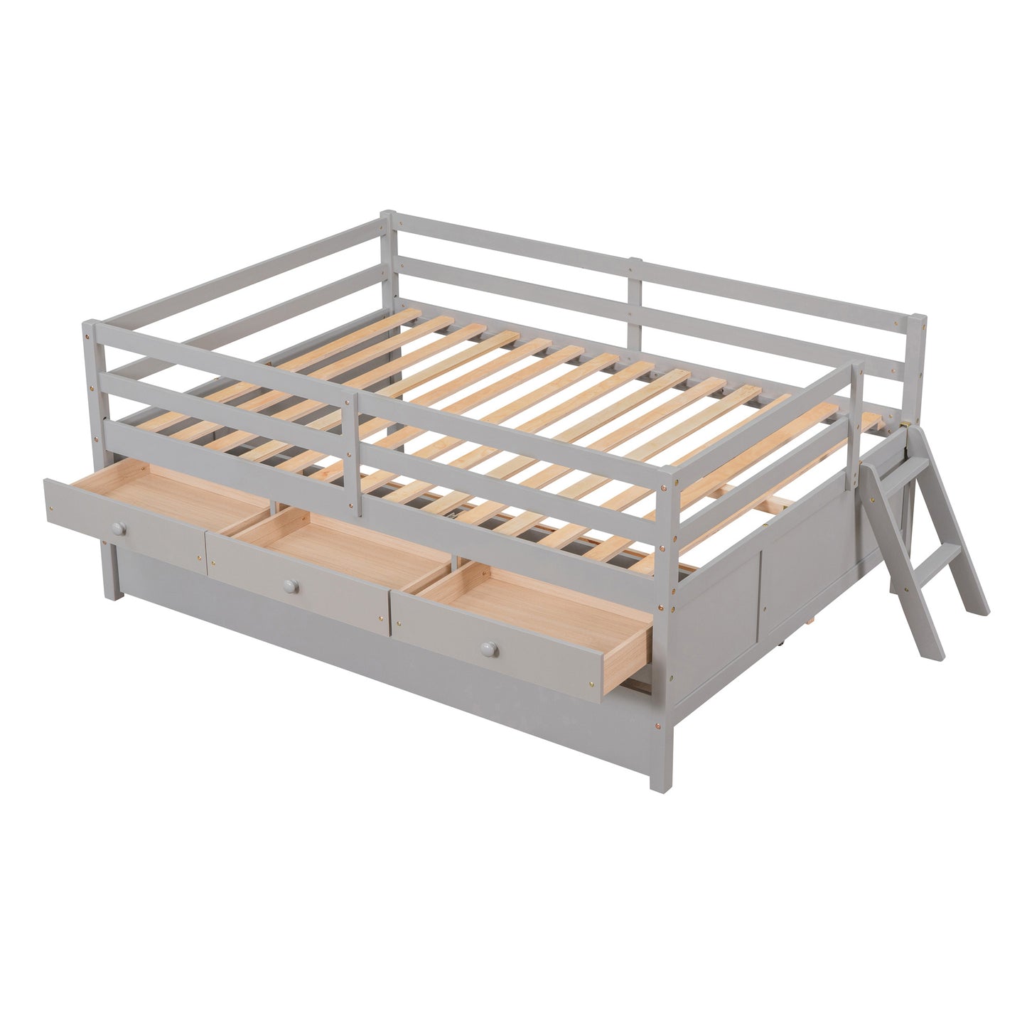 1 Low Loft Bed Full Size with Full Safety Fence;  Climbing ladder;  Storage Drawers and Trundle  Solid Wood Bed