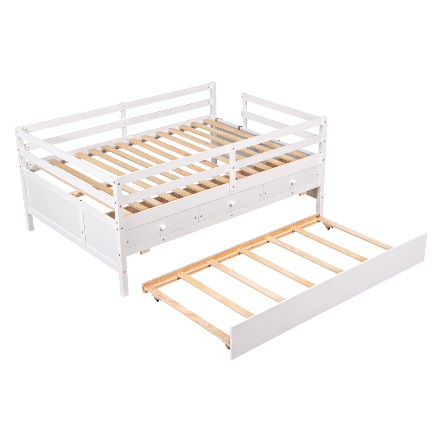 1 Low Loft Bed Full Size with Full Safety Fence;  Climbing ladder;  Storage Drawers and Trundle  Solid Wood Bed