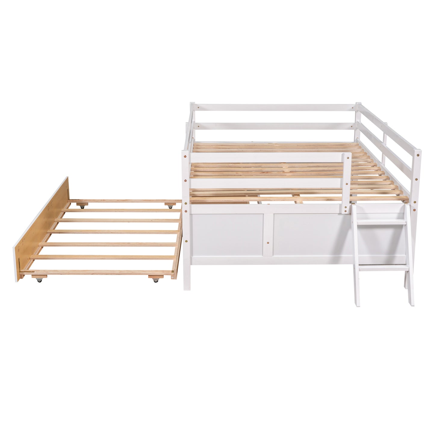 1 Low Loft Bed Full Size with Full Safety Fence;  Climbing ladder;  Storage Drawers and Trundle  Solid Wood Bed