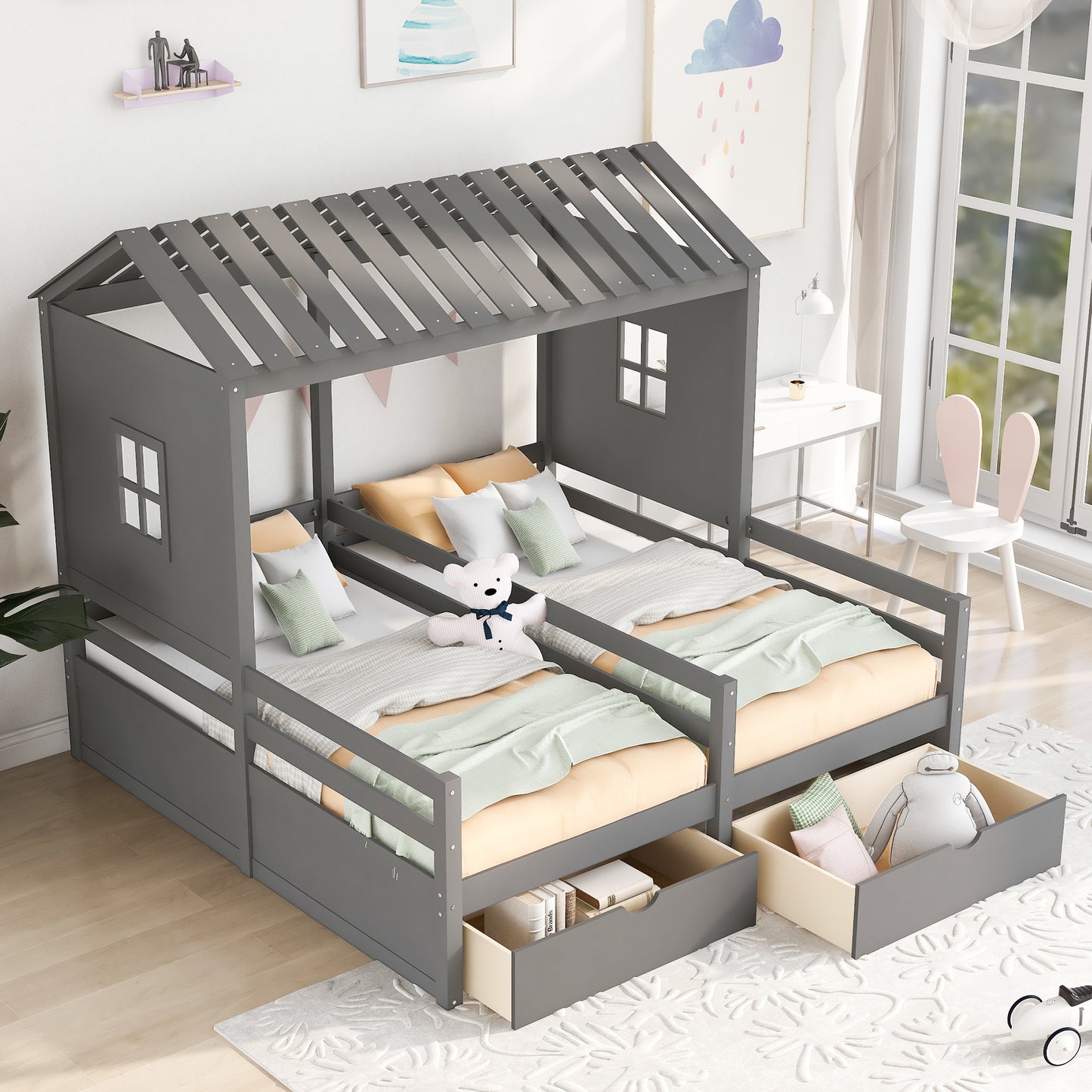 1 Twin Size House Platform Beds with Two Drawers for Boy and Girl Shared Beds, Combination of 2 Side by Side Twin Size Beds