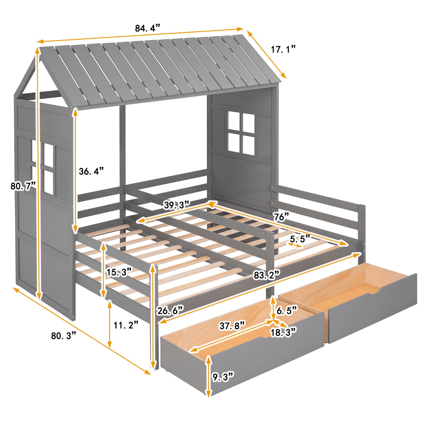 1 Twin Twin House Bed with 2 Drawers, White