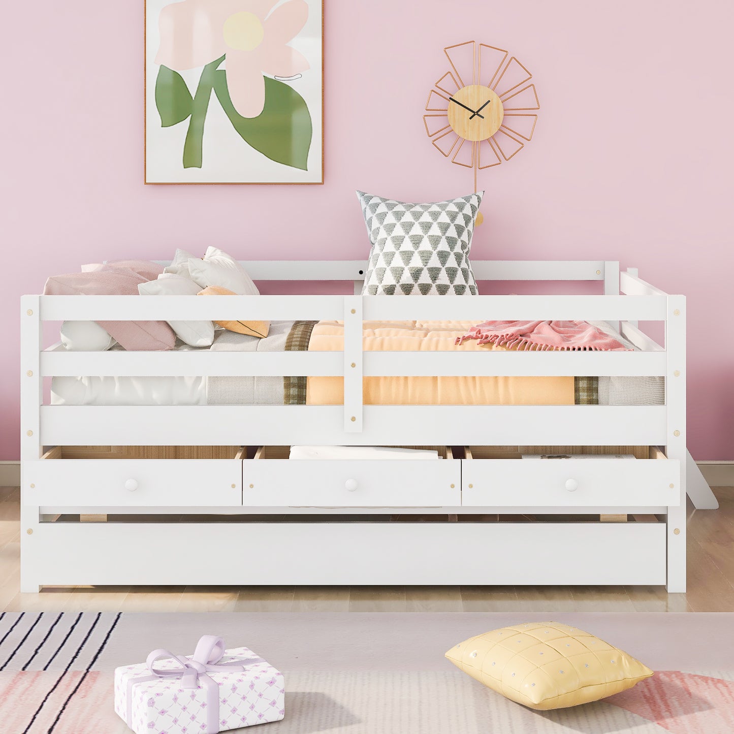 1 Low Loft Bed Full Size with Full Safety Fence;  Climbing ladder;  Storage Drawers and Trundle  Solid Wood Bed