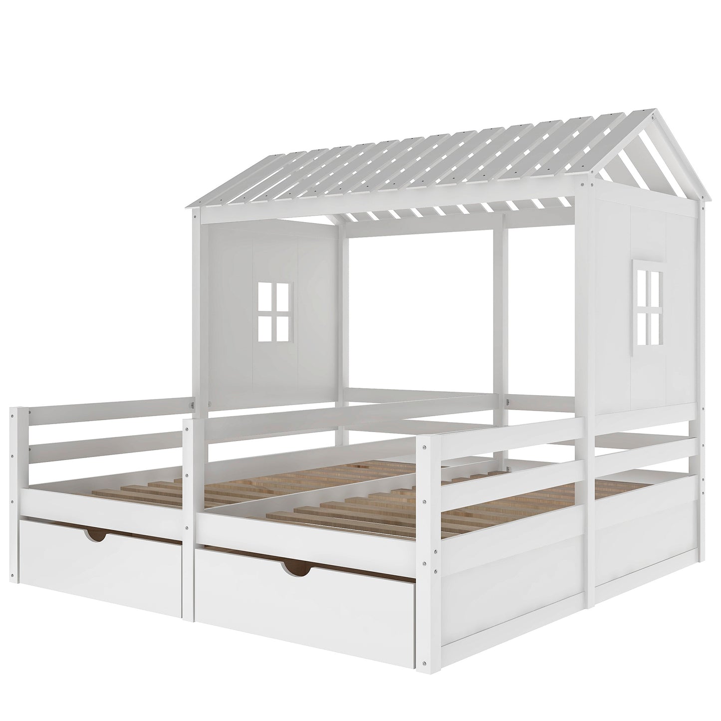 1 Twin Size House Platform Beds with Two Drawers for Boy and Girl Shared Beds, Combination of 2 Side by Side Twin Size Beds