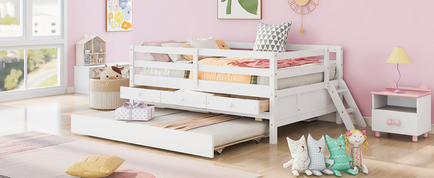 1 Low Loft Bed Full Size with Full Safety Fence;  Climbing ladder;  Storage Drawers and Trundle  Solid Wood Bed