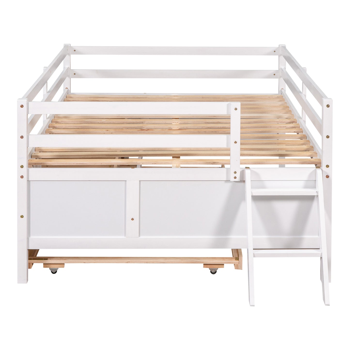 1 Low Loft Bed Full Size with Full Safety Fence;  Climbing ladder;  Storage Drawers and Trundle  Solid Wood Bed