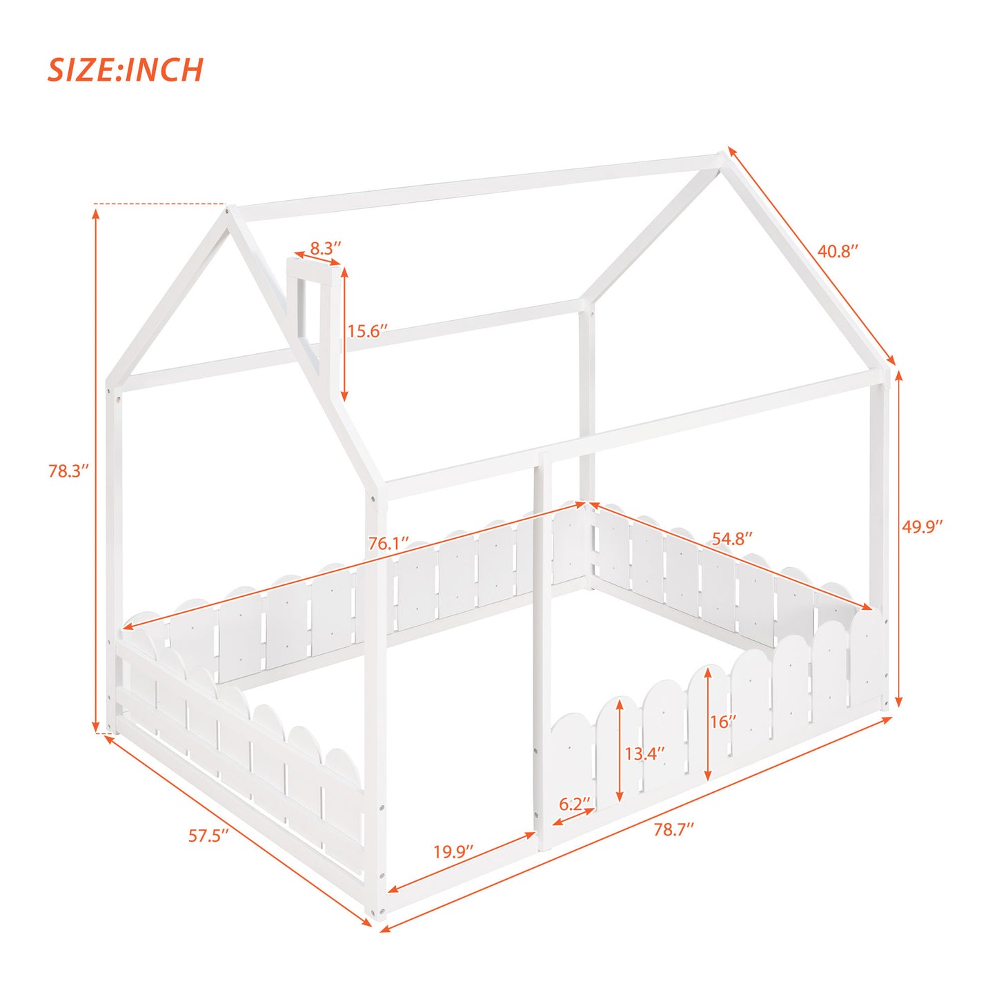 (Slats are not included) Full Size Wood Bed House Bed Frame with Fence,for Kids,Teens,Girls,Boys (White )(OLD SKU:WF281294AAK)