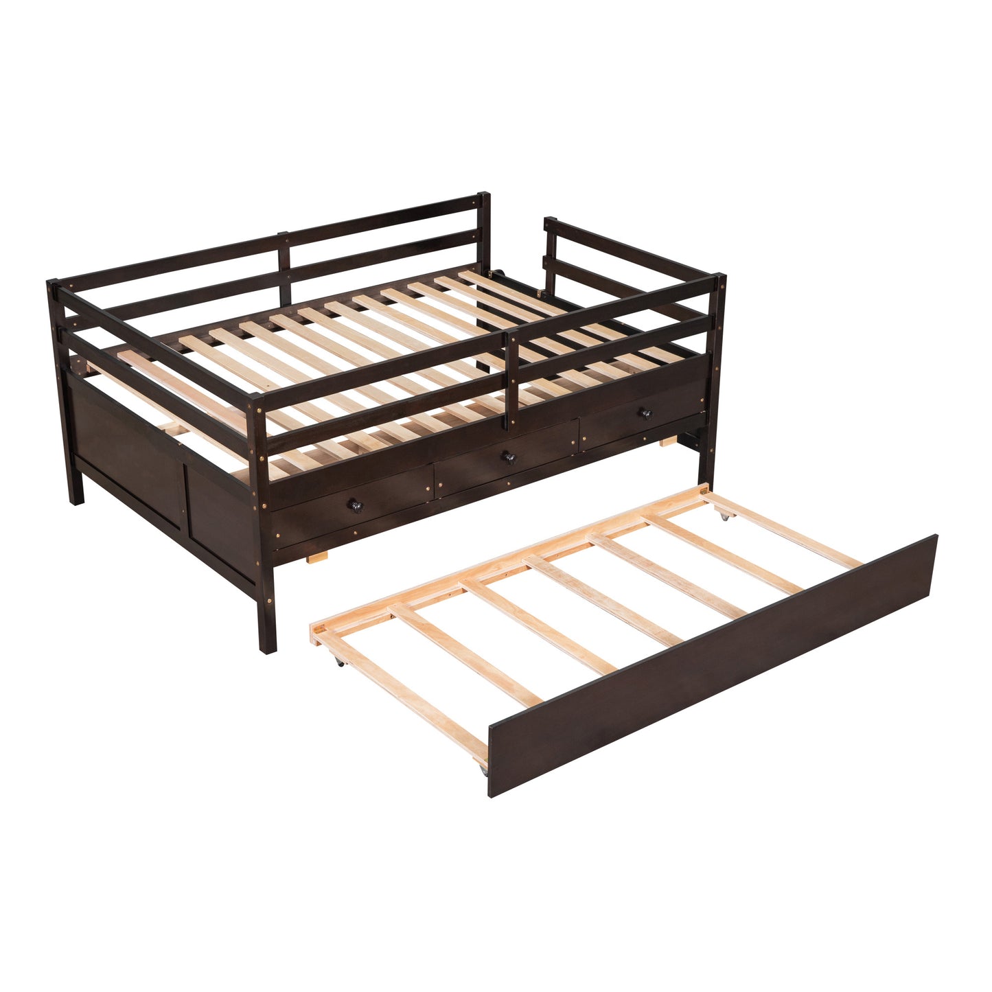 1 Low Loft Bed Full Size with Full Safety Fence;  Climbing ladder;  Storage Drawers and Trundle  Solid Wood Bed