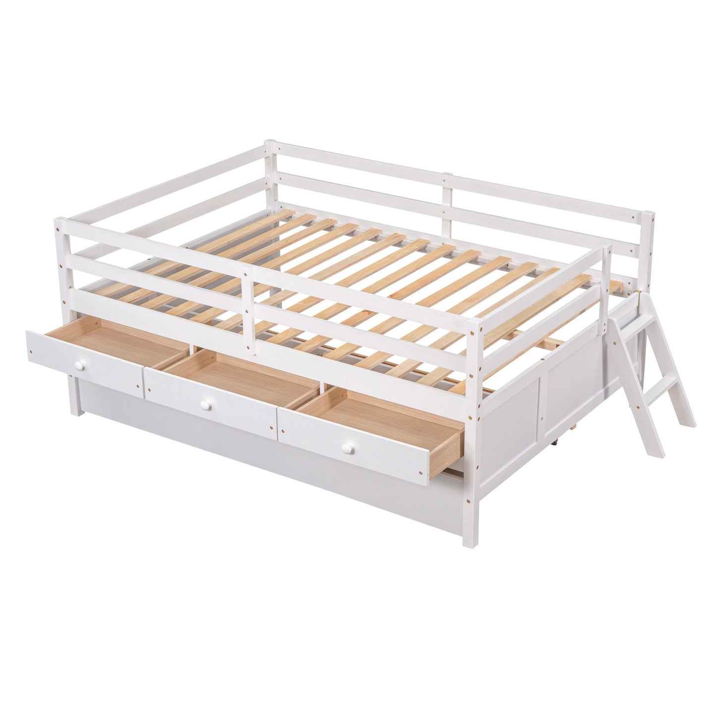 1 Low Loft Bed Full Size with Full Safety Fence;  Climbing ladder;  Storage Drawers and Trundle  Solid Wood Bed