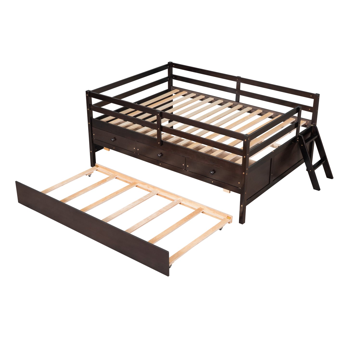 1 Low Loft Bed Full Size with Full Safety Fence;  Climbing ladder;  Storage Drawers and Trundle  Solid Wood Bed