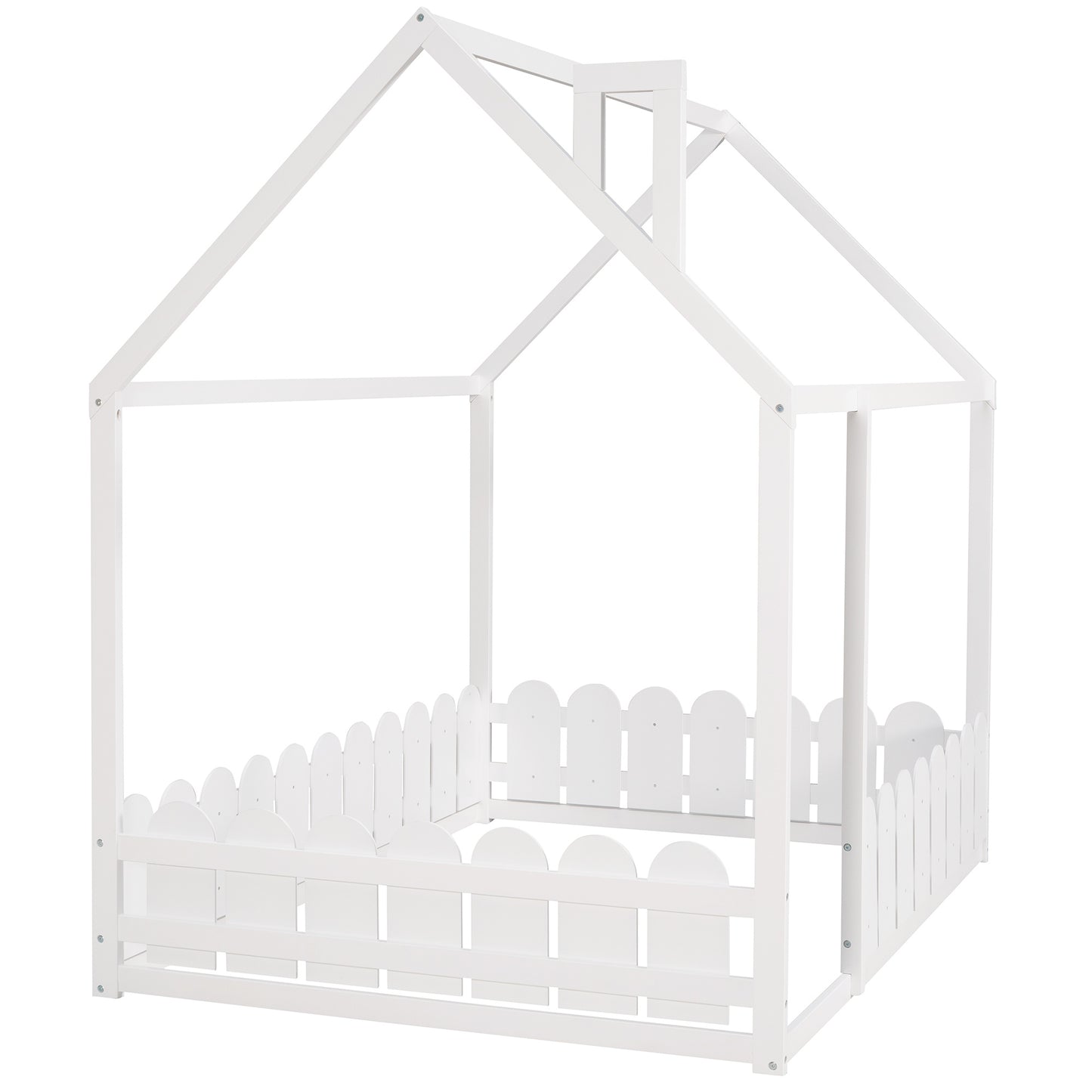 (Slats are not included) Full Size Wood Bed House Bed Frame with Fence,for Kids,Teens,Girls,Boys (White )(OLD SKU:WF281294AAK)