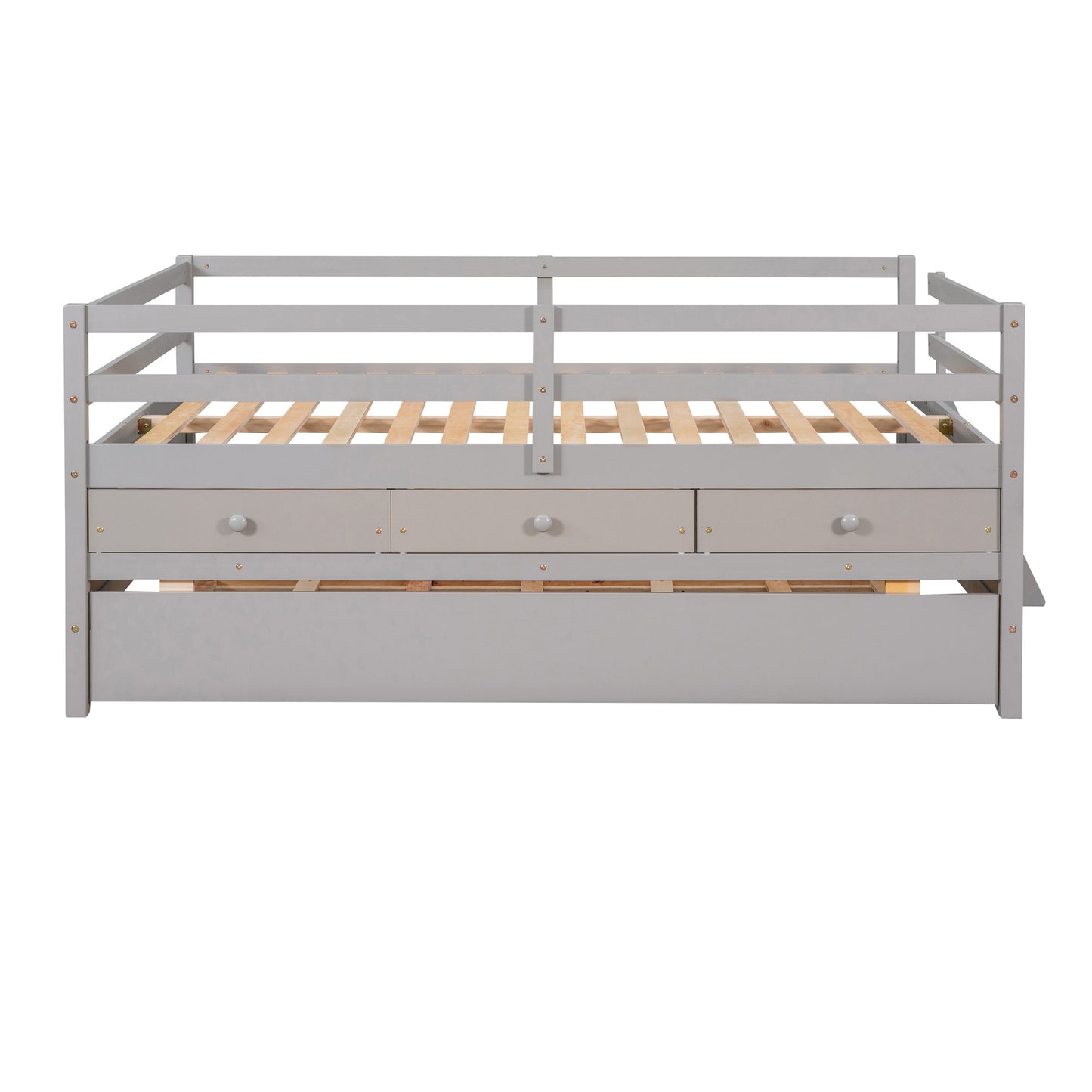 1 Low Loft Bed Full Size with Full Safety Fence;  Climbing ladder;  Storage Drawers and Trundle  Solid Wood Bed