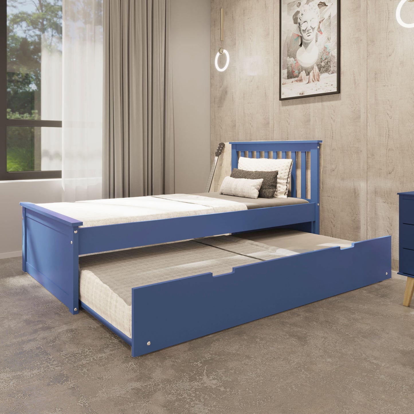 Blue Twin Trundle Bed, Heavy Duty Malibu Solid Wood Bed Frame with Twin Size Pull Out Toddler Trundle Bed for Kids