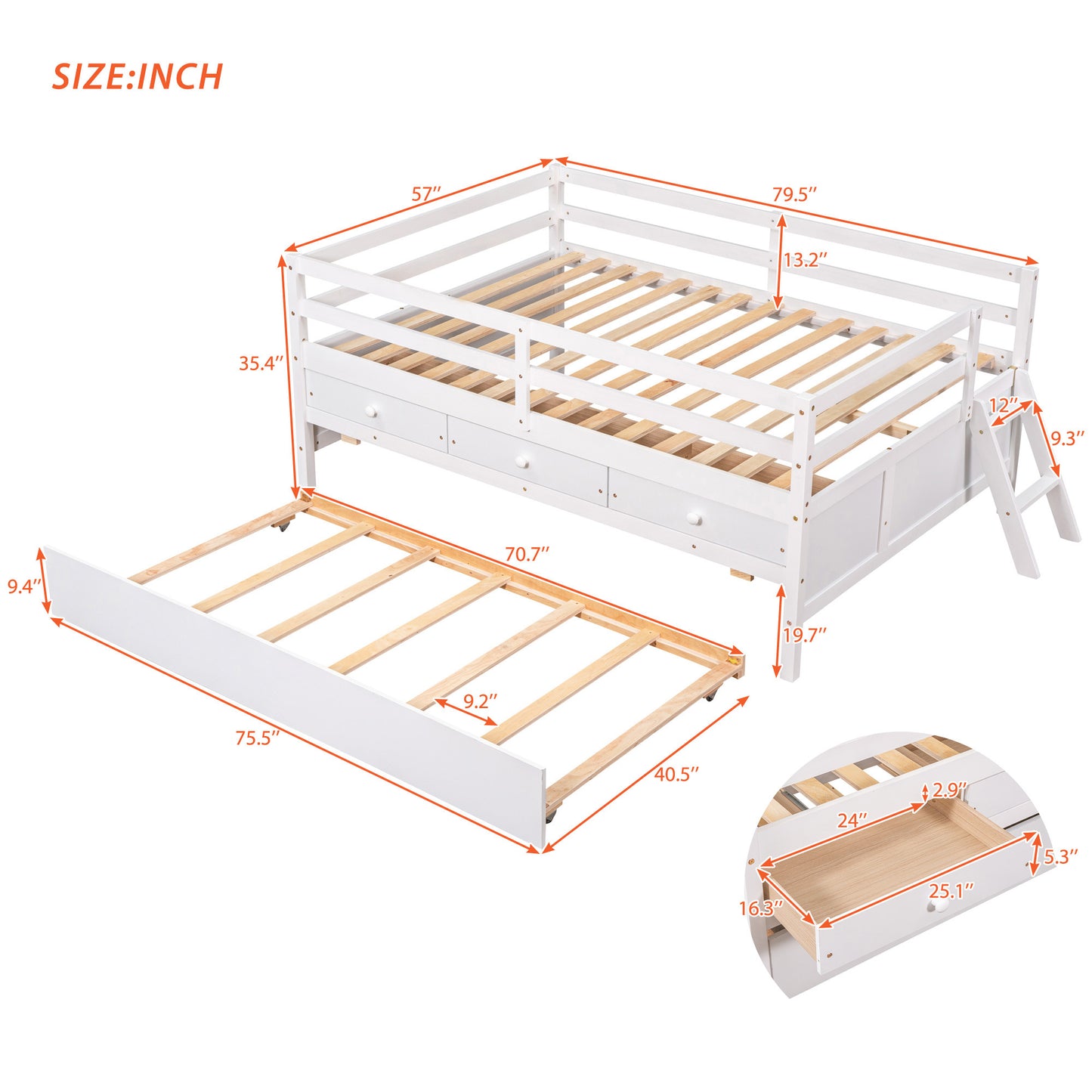 1 Low Loft Bed Full Size with Full Safety Fence;  Climbing ladder;  Storage Drawers and Trundle  Solid Wood Bed