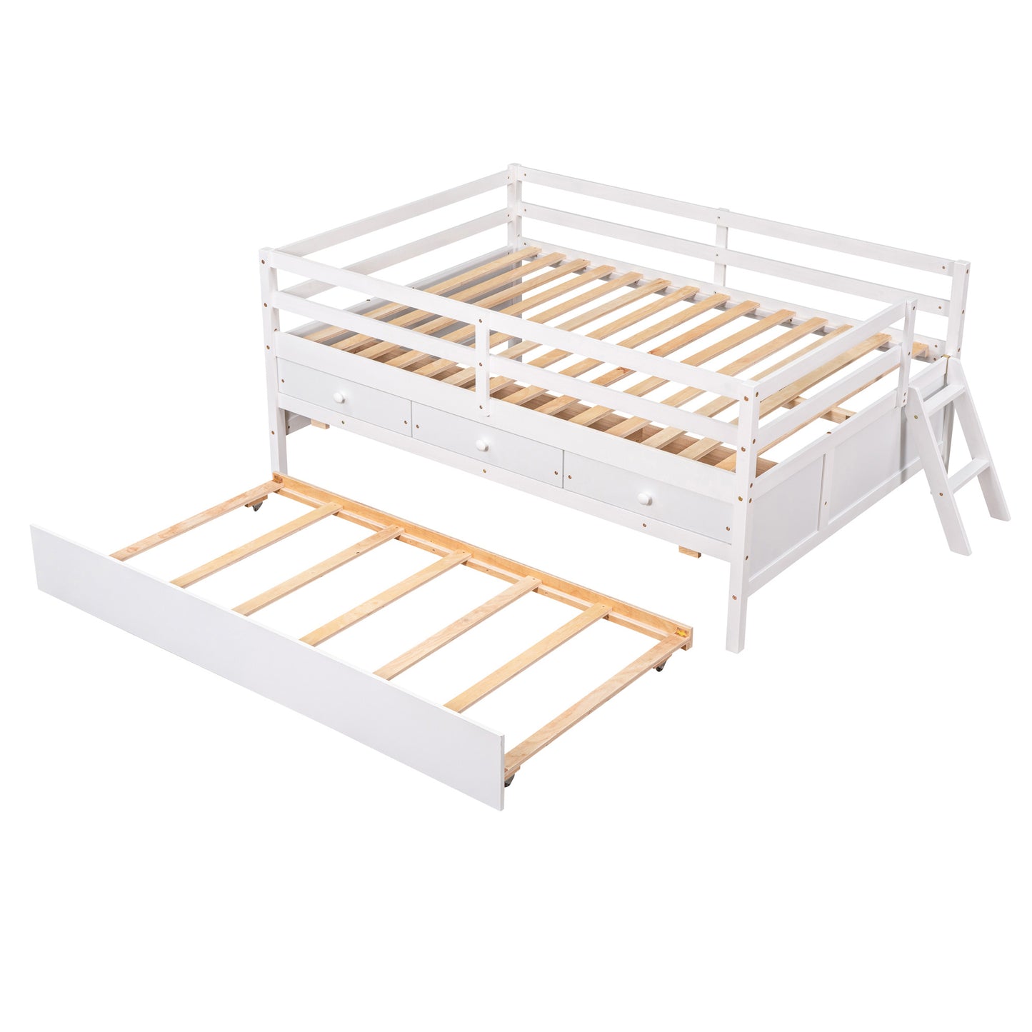 1 Low Loft Bed Full Size with Full Safety Fence;  Climbing ladder;  Storage Drawers and Trundle  Solid Wood Bed