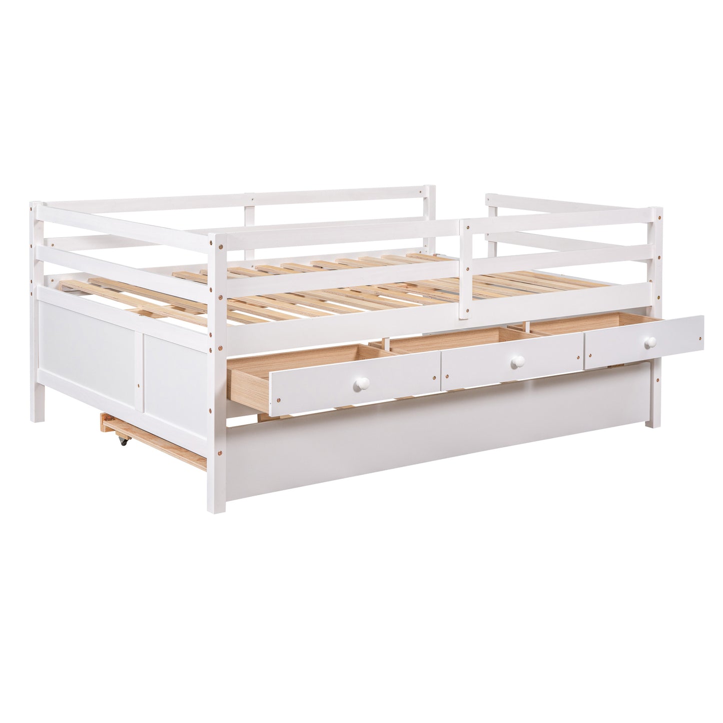 1 Low Loft Bed Full Size with Full Safety Fence;  Climbing ladder;  Storage Drawers and Trundle  Solid Wood Bed