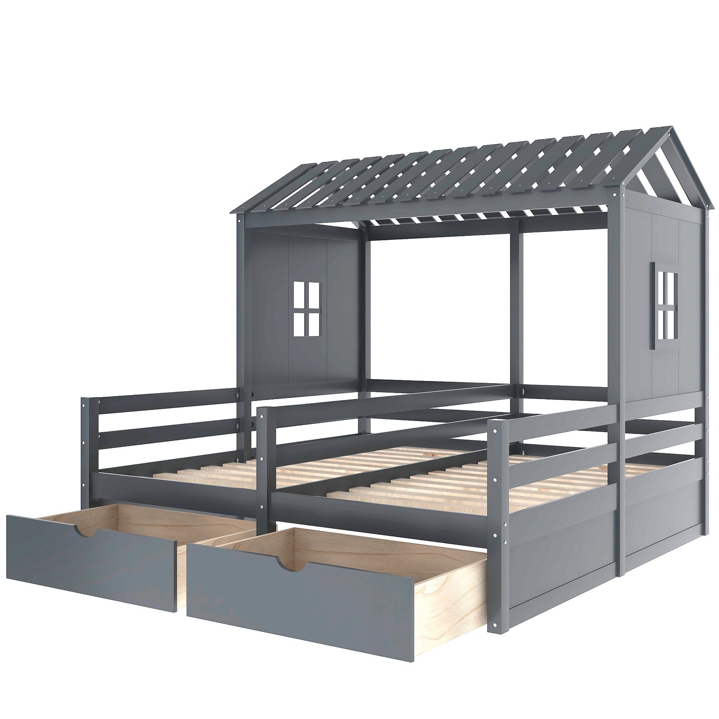 1 Twin Size House Platform Beds with Two Drawers for Boy and Girl Shared Beds, Combination of 2 Side by Side Twin Size Beds