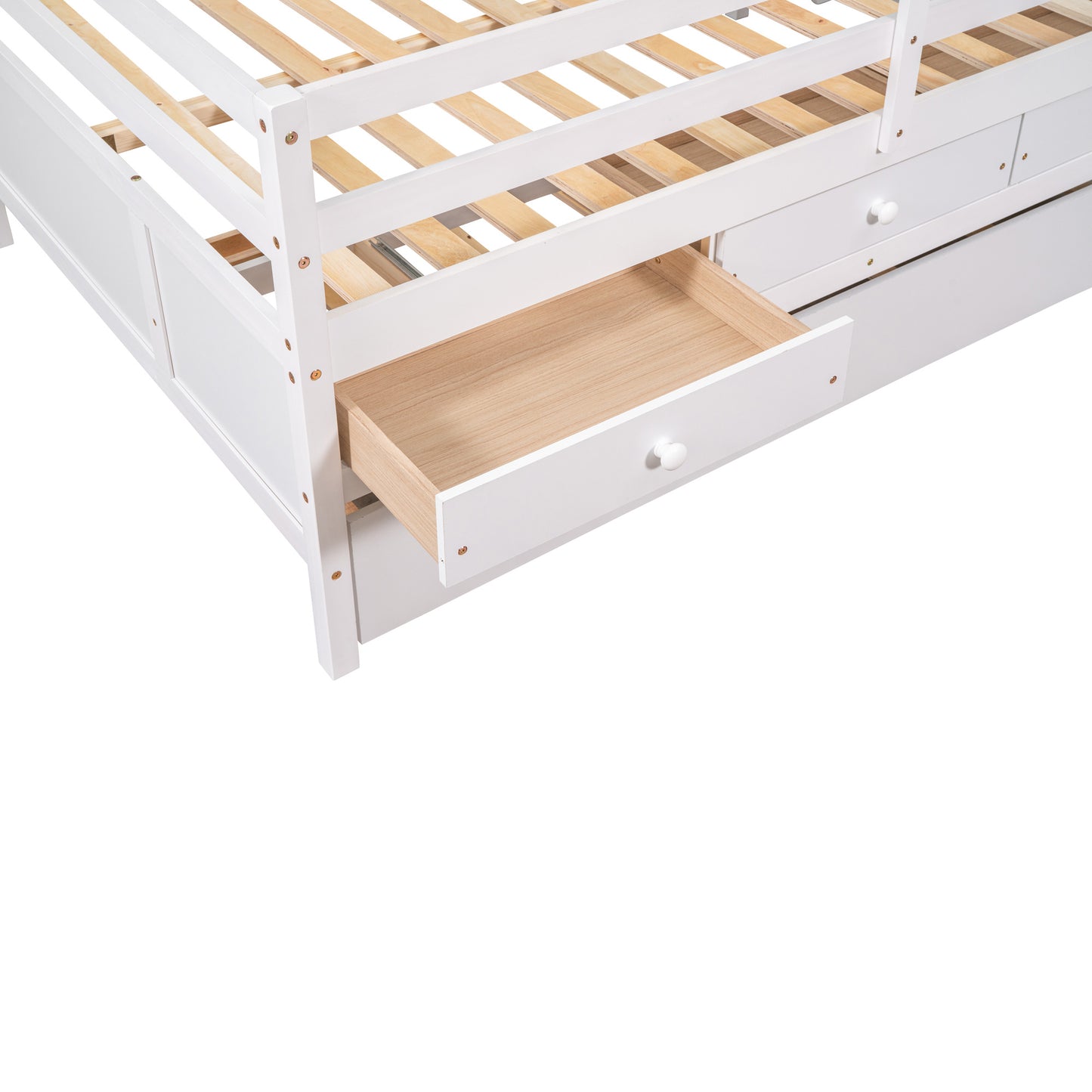 1 Low Loft Bed Full Size with Full Safety Fence;  Climbing ladder;  Storage Drawers and Trundle  Solid Wood Bed