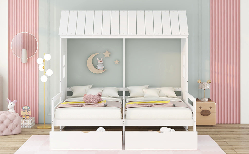 1 Twin Twin House Bed with 2 Drawers, White