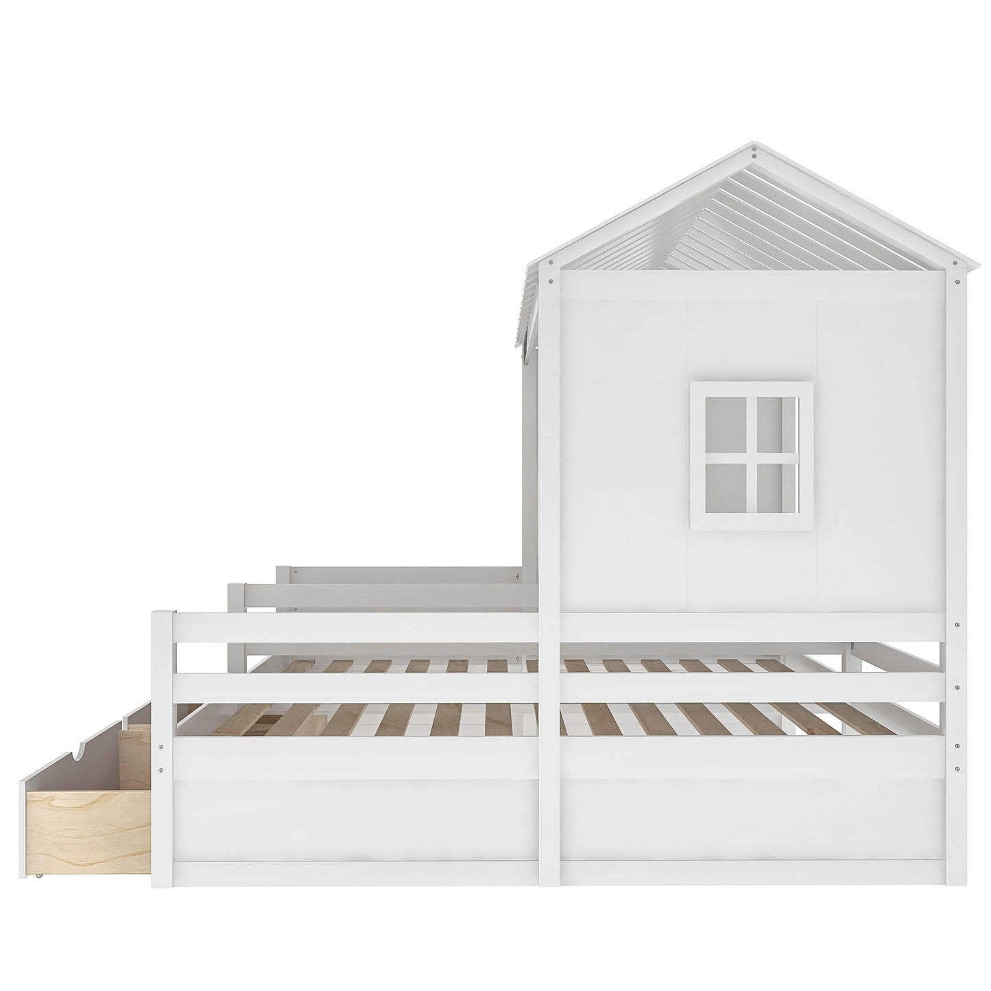 1 Twin Size House Platform Beds with Two Drawers for Boy and Girl Shared Beds, Combination of 2 Side by Side Twin Size Beds