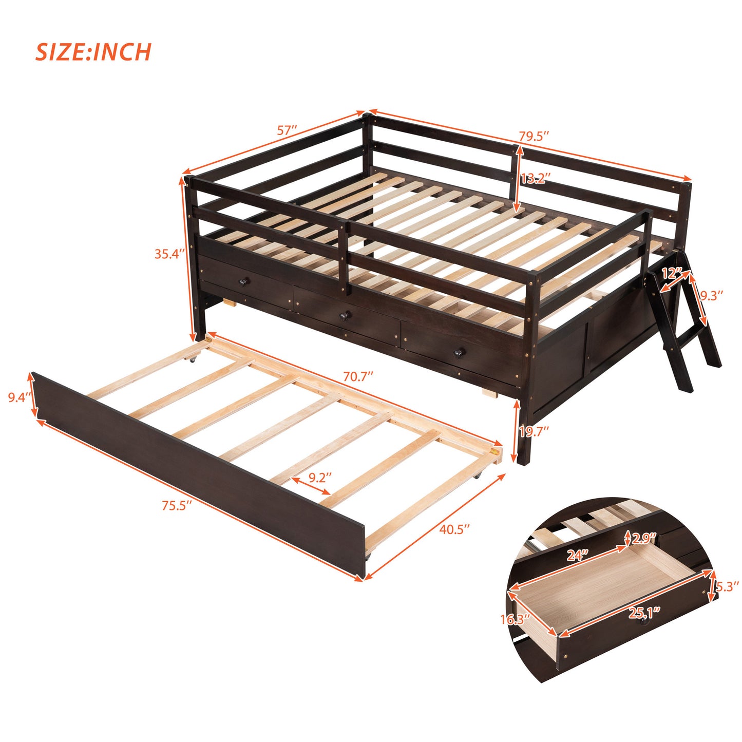 1 Low Loft Bed Full Size with Full Safety Fence;  Climbing ladder;  Storage Drawers and Trundle  Solid Wood Bed