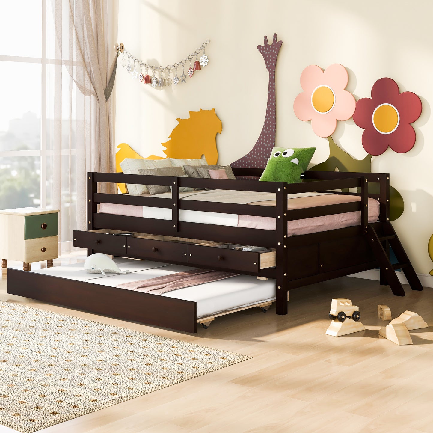 1 Low Loft Bed Full Size with Full Safety Fence;  Climbing ladder;  Storage Drawers and Trundle  Solid Wood Bed