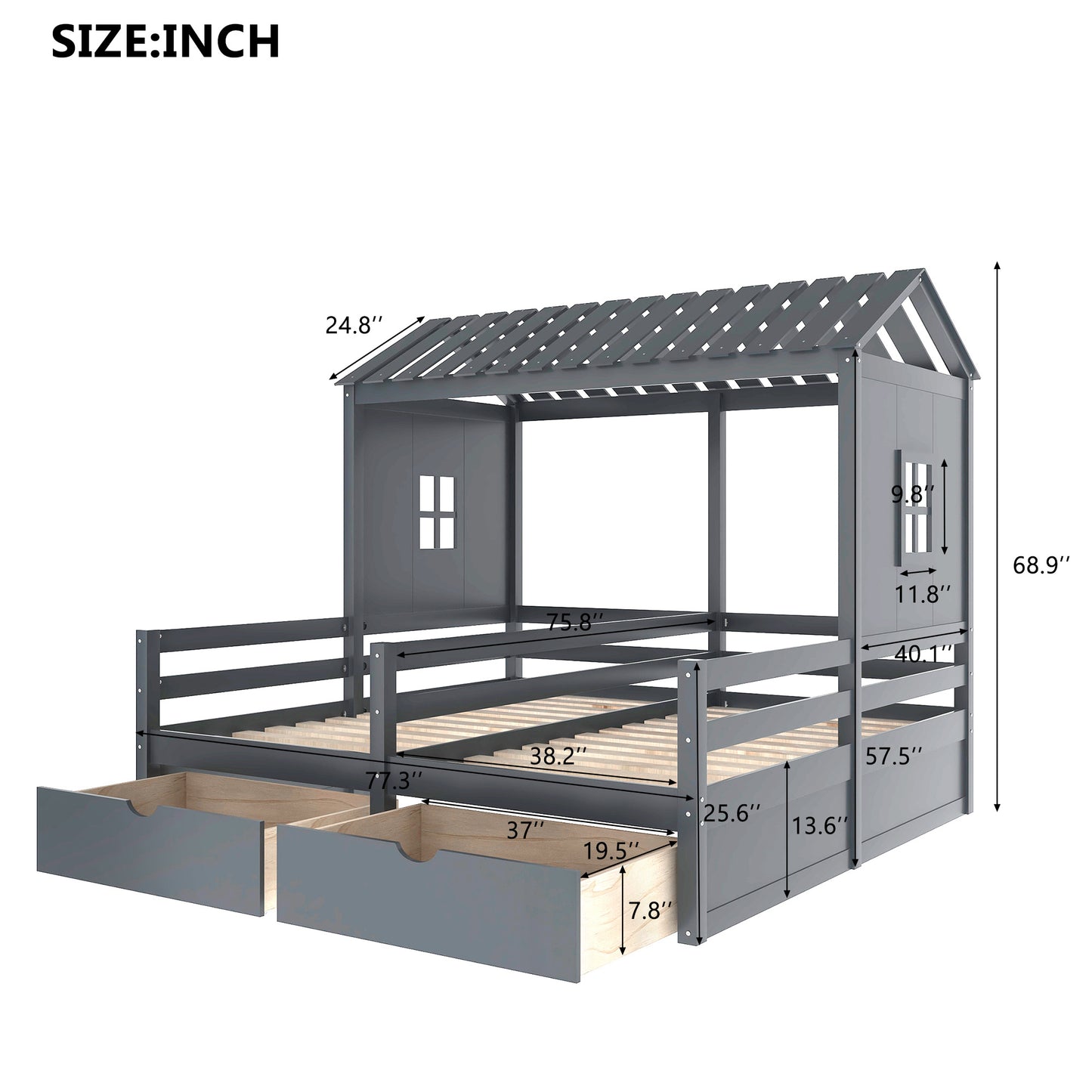 1 Twin Size House Platform Beds with Two Drawers for Boy and Girl Shared Beds, Combination of 2 Side by Side Twin Size Beds