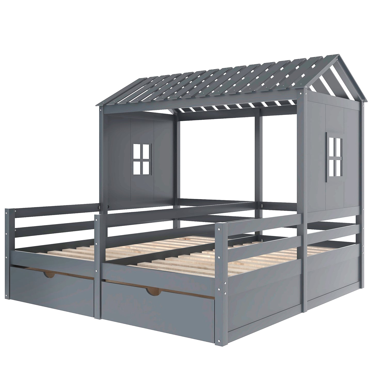 1 Twin Size House Platform Beds with Two Drawers for Boy and Girl Shared Beds, Combination of 2 Side by Side Twin Size Beds