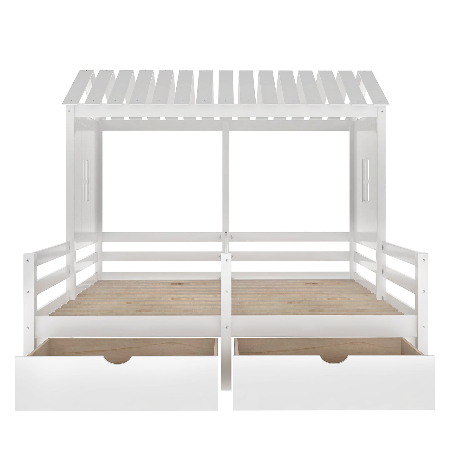 1 Twin Size House Platform Beds with Two Drawers for Boy and Girl Shared Beds, Combination of 2 Side by Side Twin Size Beds