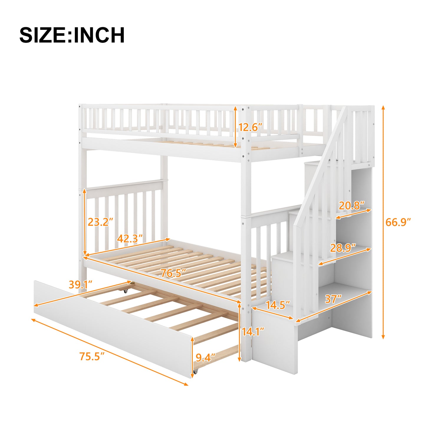 1 Twin over Twin Bunk Bed with Trundle and Storage