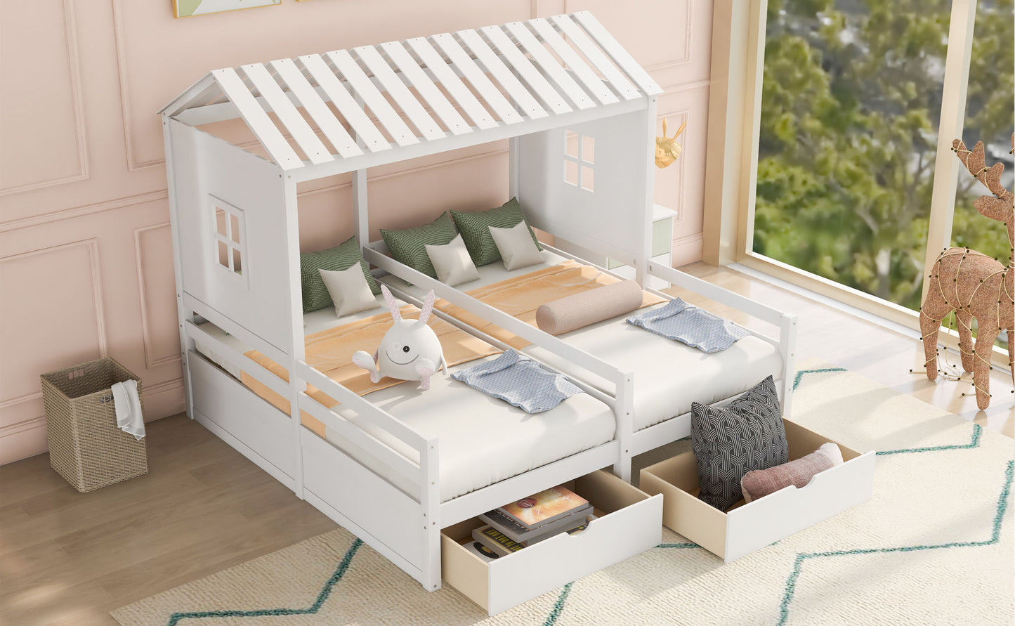 1 Twin Size House Platform Beds with Two Drawers for Boy and Girl Shared Beds, Combination of 2 Side by Side Twin Size Beds