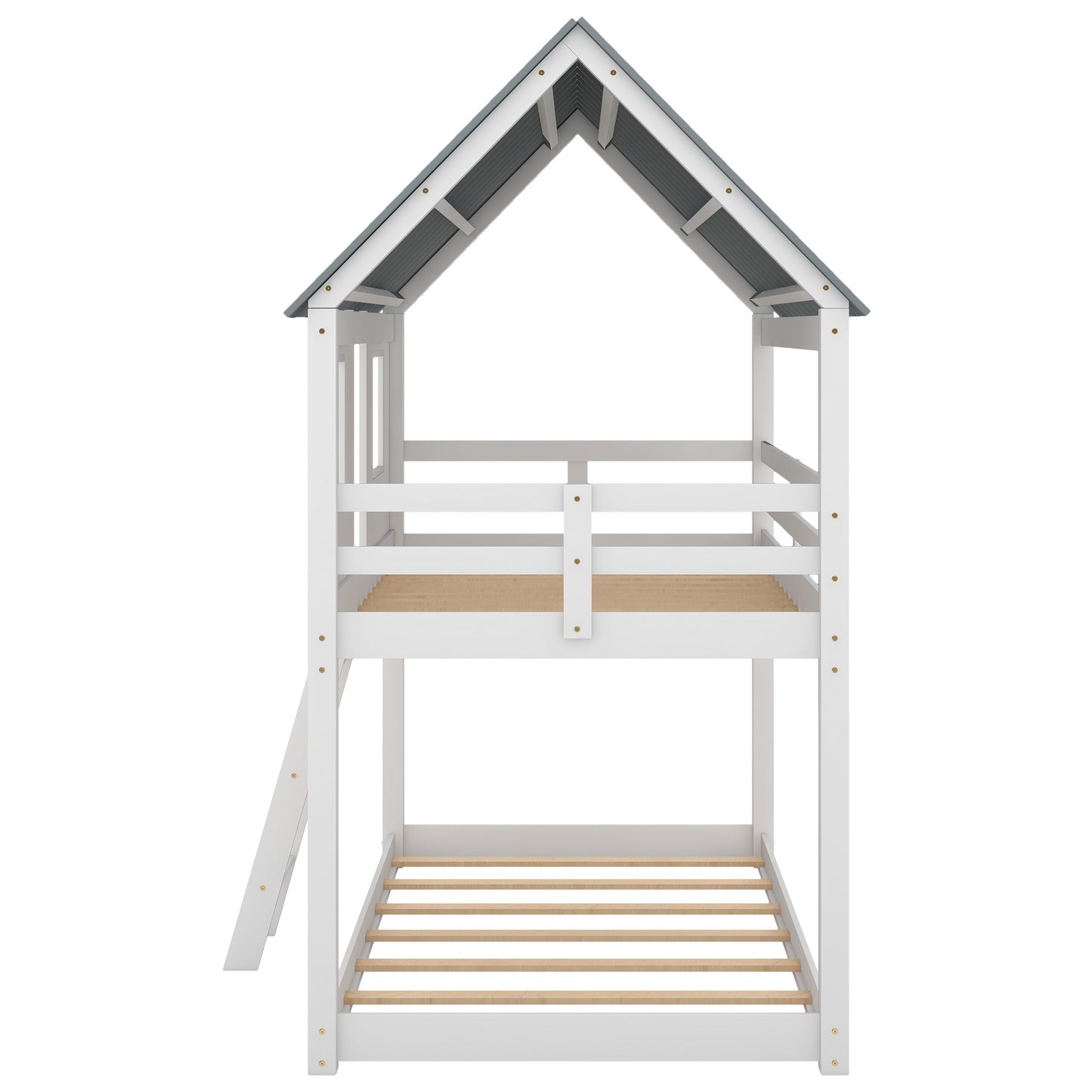 Twin over Twin Size Low Bunk Beds with Roof and Fence-shaped Guardrail, White