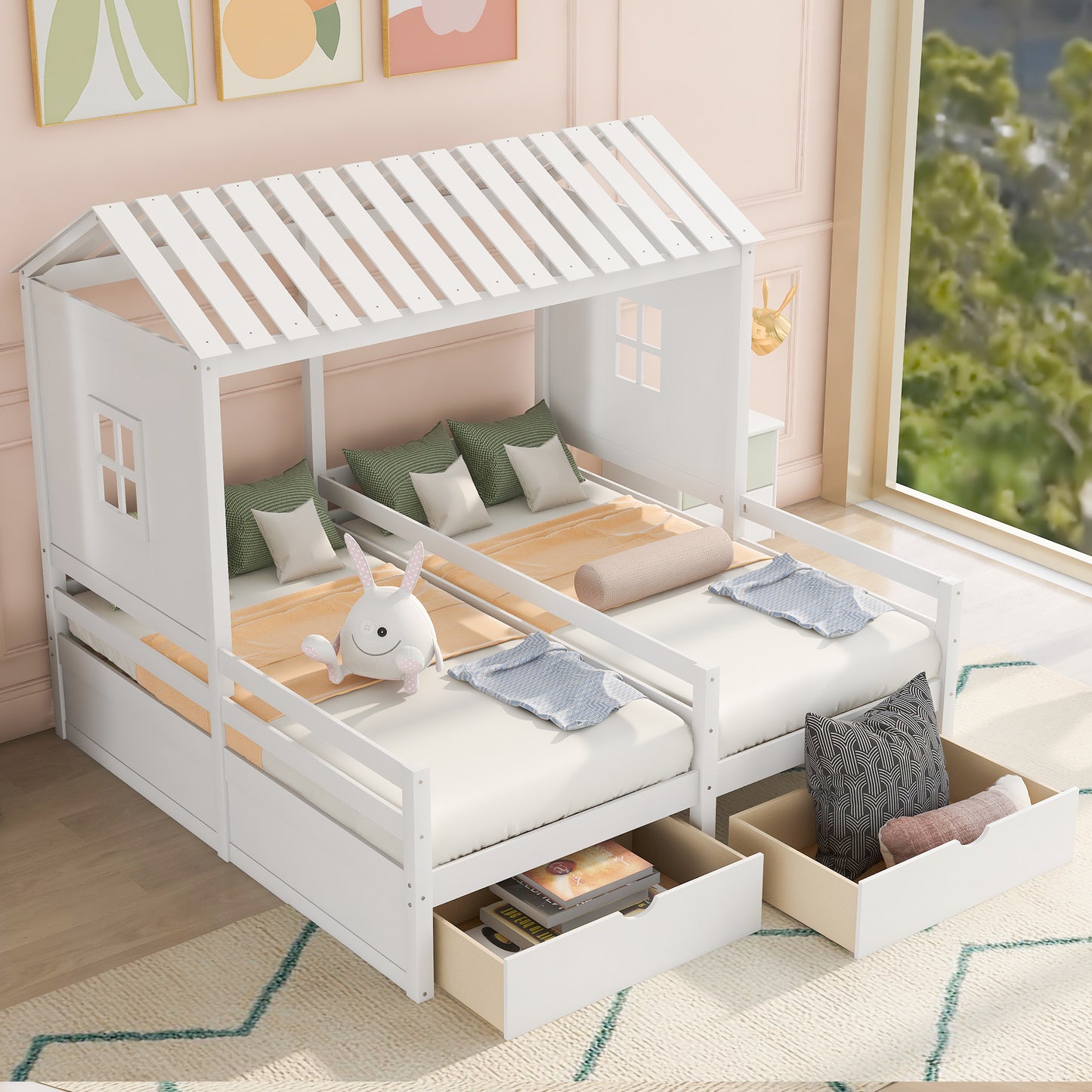 1 Twin Size House Platform Beds with Two Drawers for Boy and Girl Shared Beds, Combination of 2 Side by Side Twin Size Beds