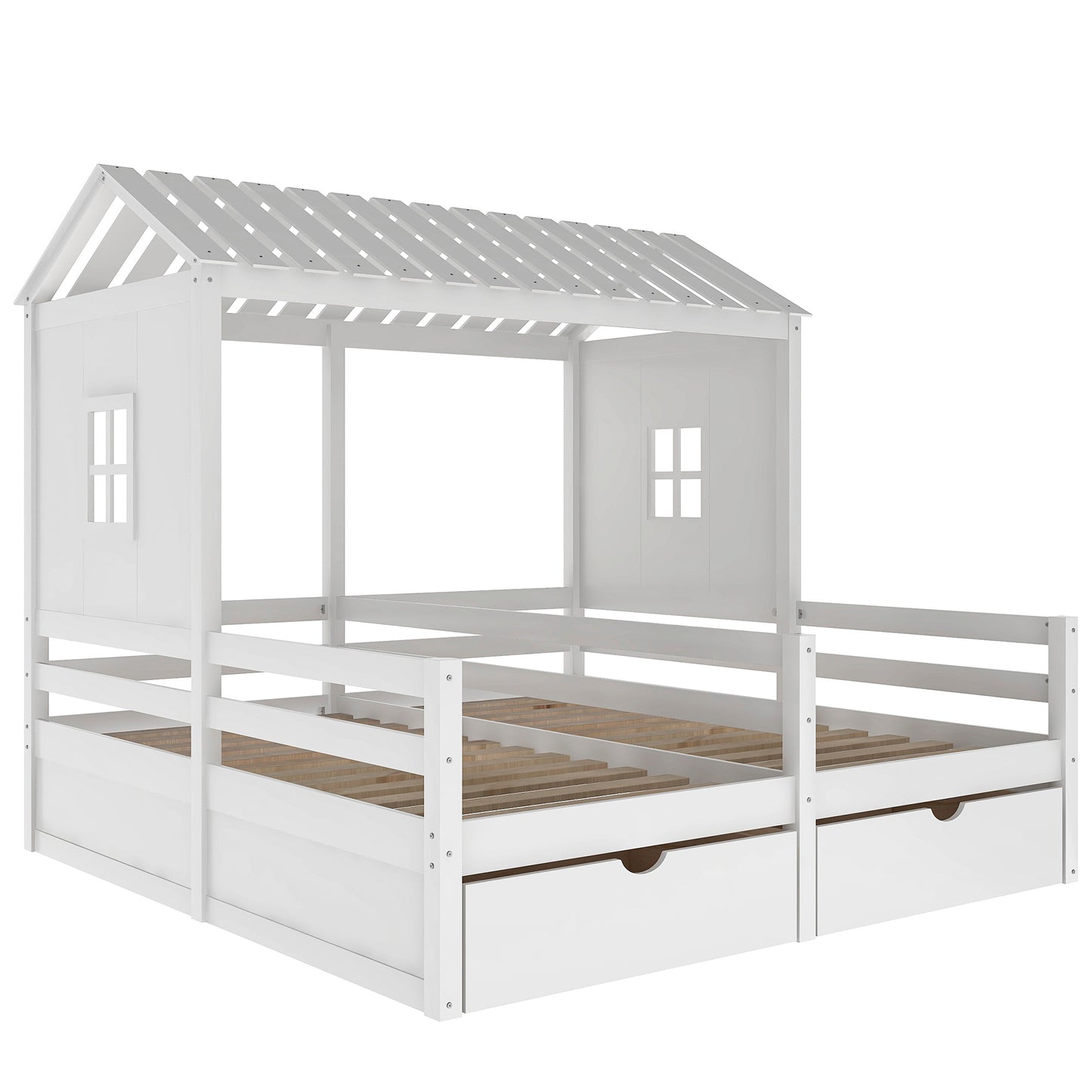 1 Twin Size House Platform Beds with Two Drawers for Boy and Girl Shared Beds, Combination of 2 Side by Side Twin Size Beds