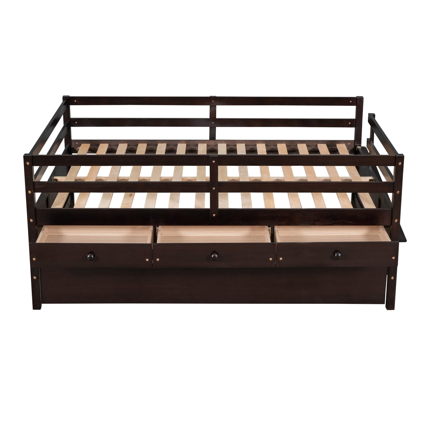 1 Low Loft Bed Full Size with Full Safety Fence;  Climbing ladder;  Storage Drawers and Trundle  Solid Wood Bed