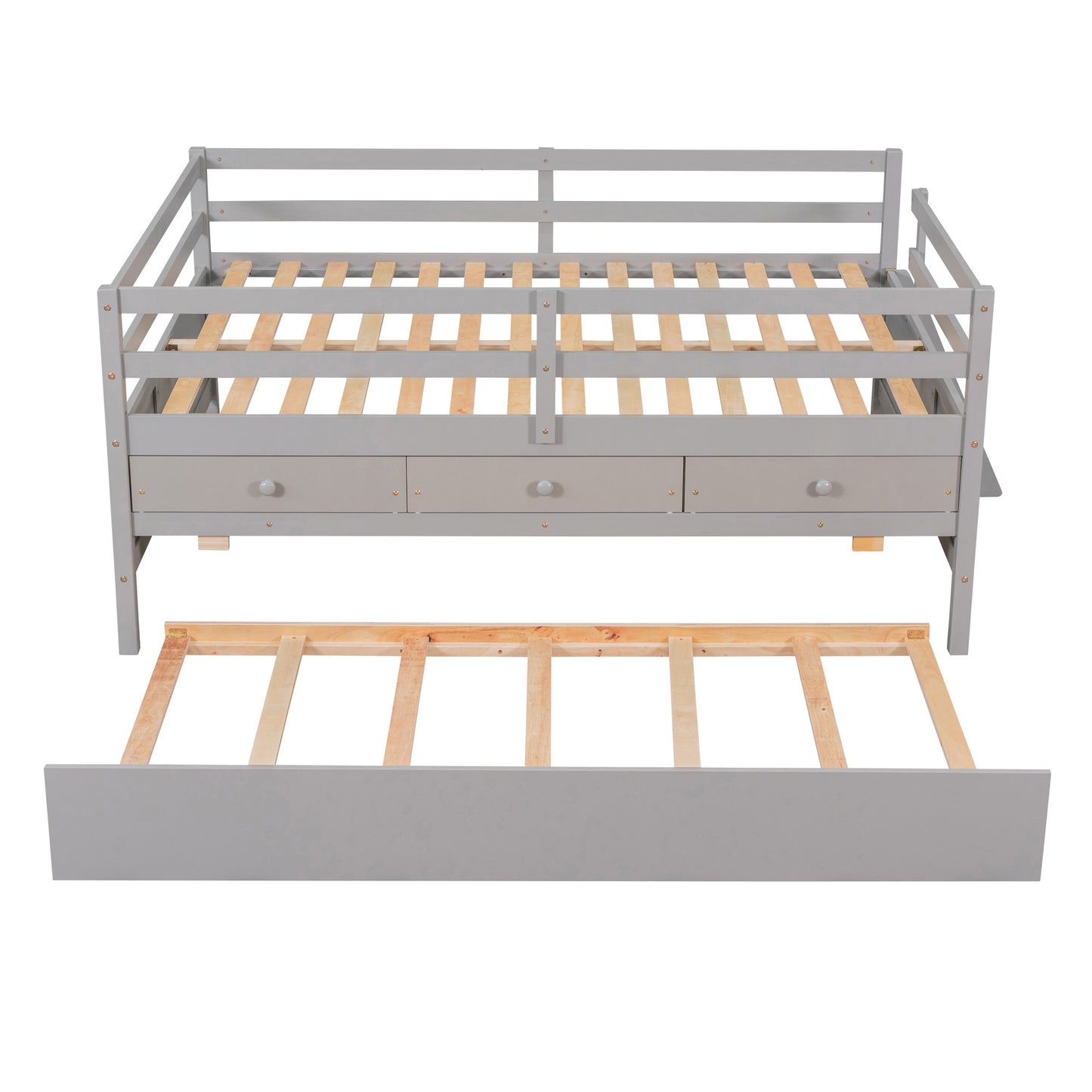 1 Low Loft Bed Full Size with Full Safety Fence;  Climbing ladder;  Storage Drawers and Trundle  Solid Wood Bed