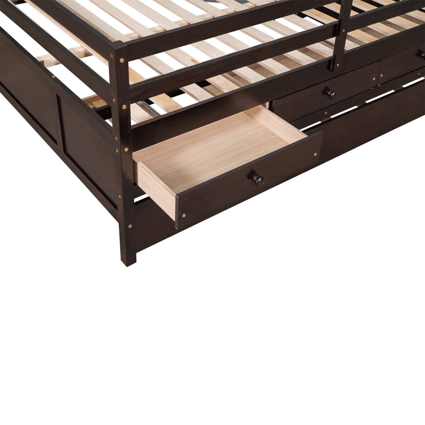 1 Low Loft Bed Full Size with Full Safety Fence;  Climbing ladder;  Storage Drawers and Trundle  Solid Wood Bed