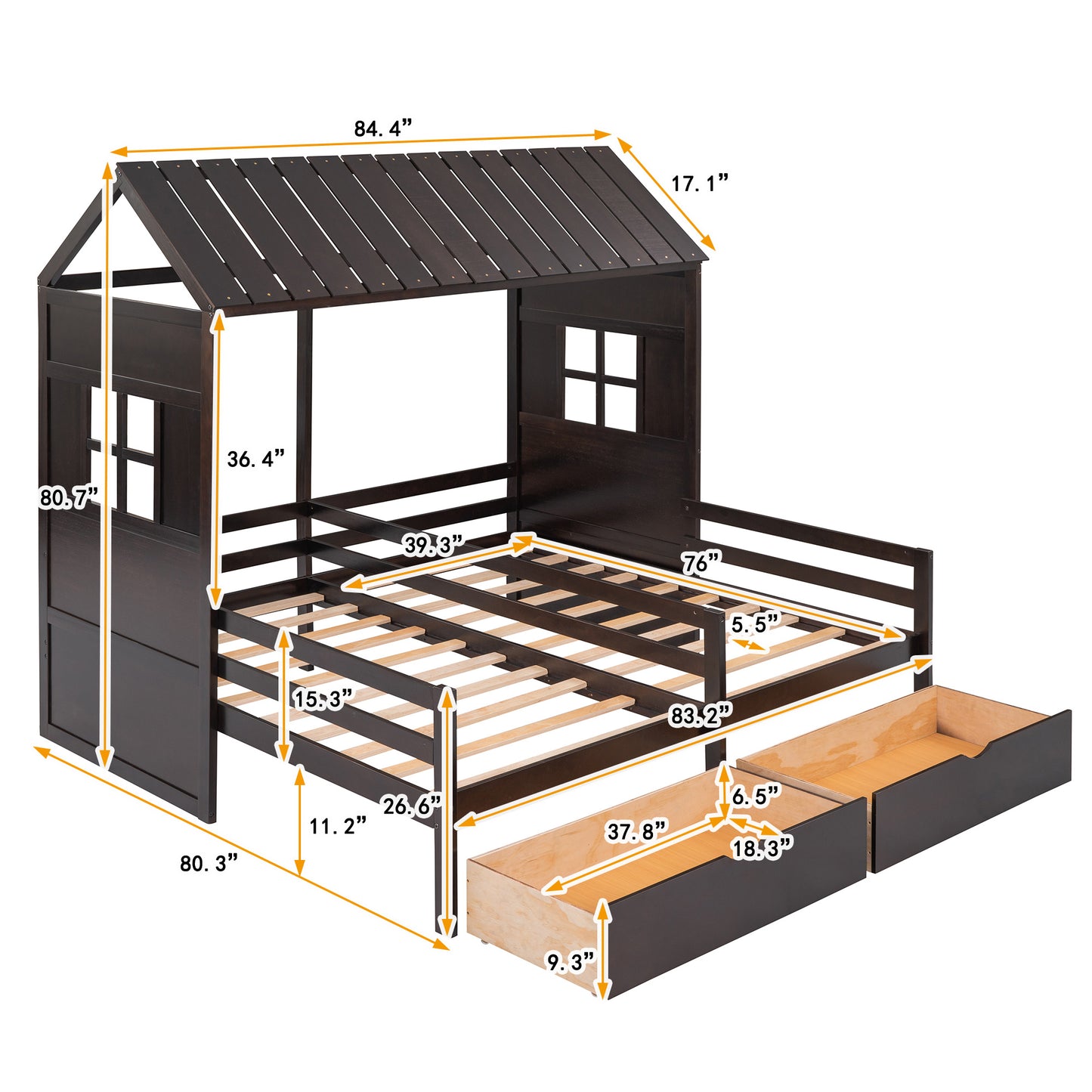 1 Twin Twin House Bed with 2 Drawers, White