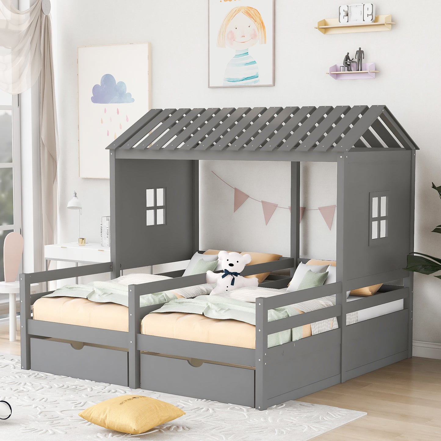 1 Twin Size House Platform Beds with Two Drawers for Boy and Girl Shared Beds, Combination of 2 Side by Side Twin Size Beds