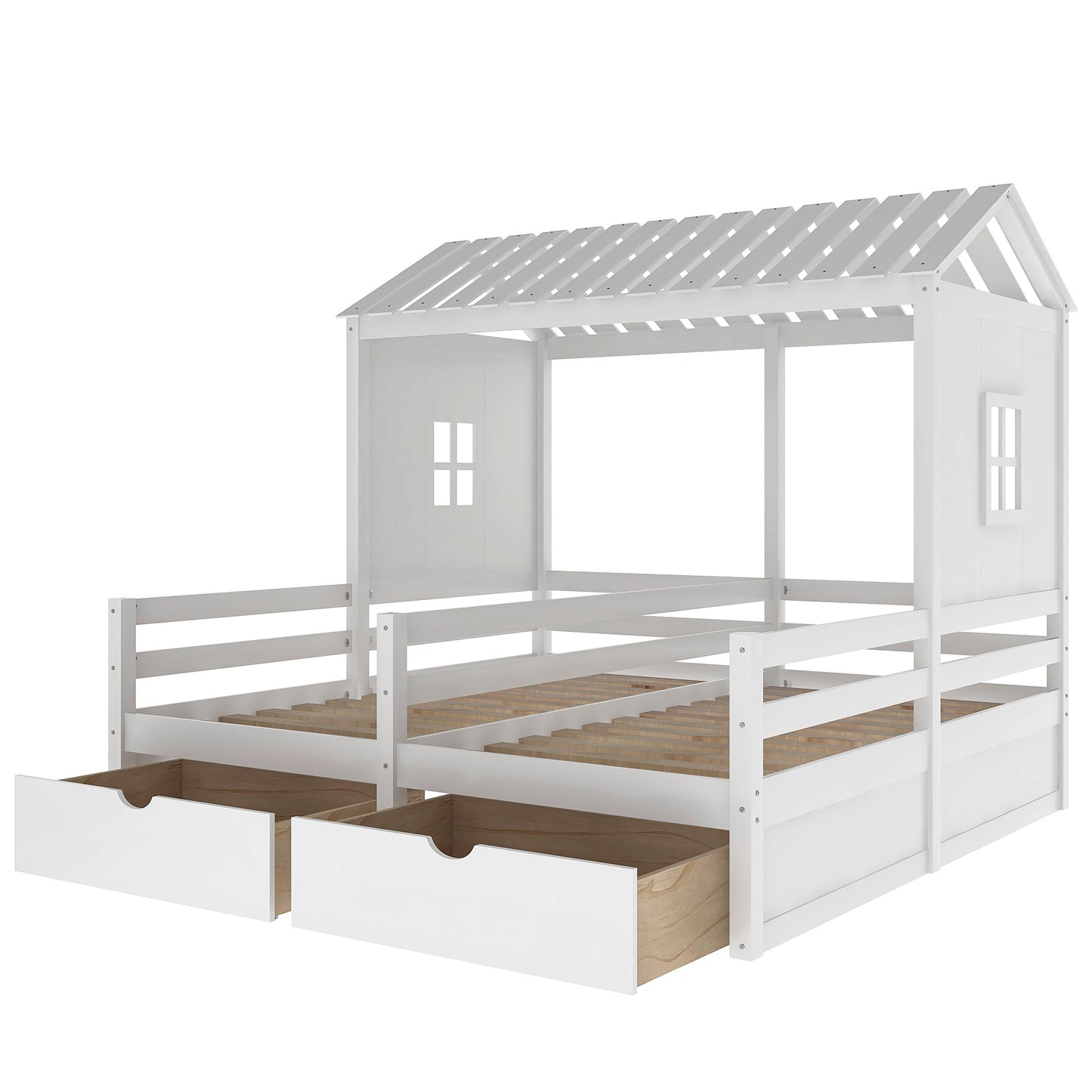 1 Twin Size House Platform Beds with Two Drawers for Boy and Girl Shared Beds, Combination of 2 Side by Side Twin Size Beds