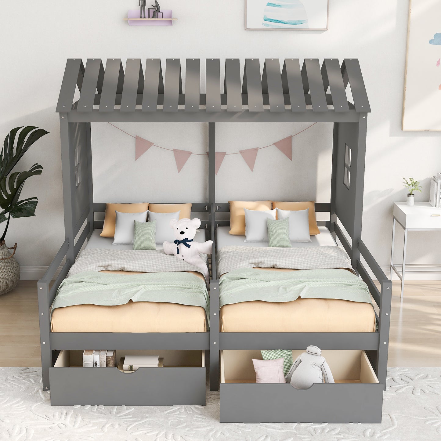 1 Twin Size House Platform Beds with Two Drawers for Boy and Girl Shared Beds, Combination of 2 Side by Side Twin Size Beds