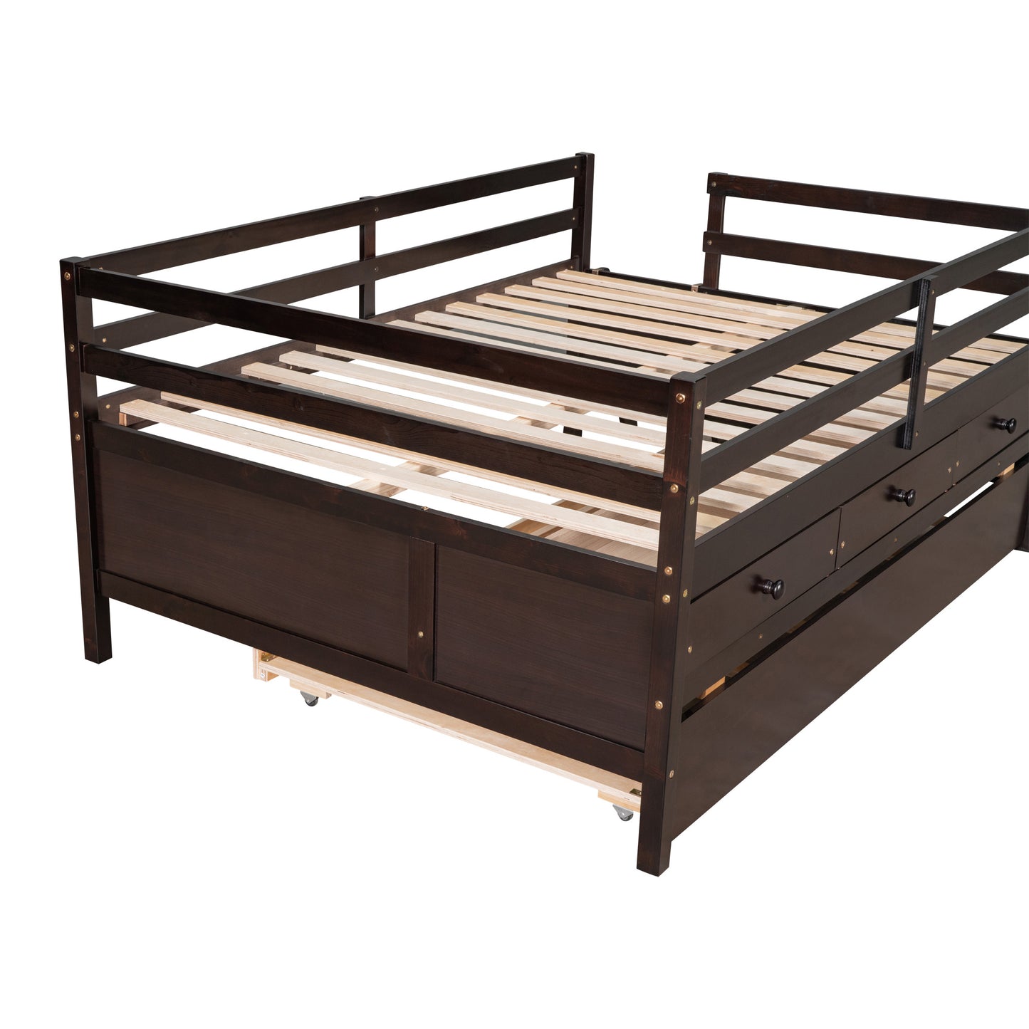 1 Low Loft Bed Full Size with Full Safety Fence;  Climbing ladder;  Storage Drawers and Trundle  Solid Wood Bed