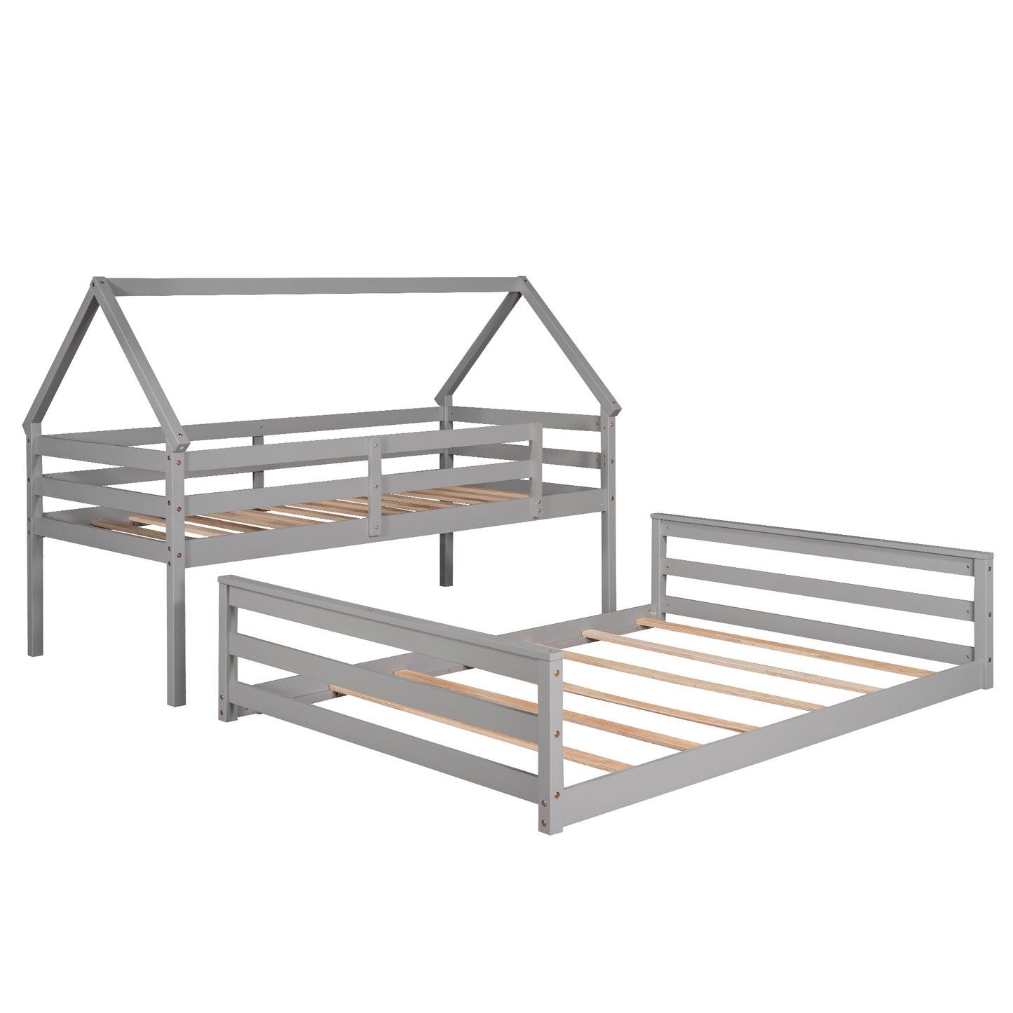 Twin over Full House Bunk Bed with Built-in Ladder,Gray