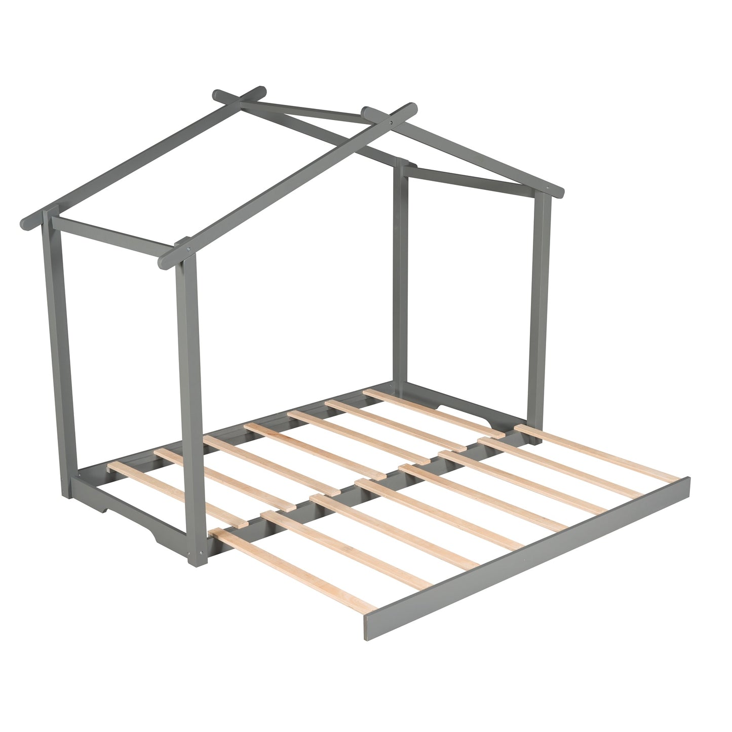 1 Twin XL/King Size House Platform Bed with Trundle,Roof Design