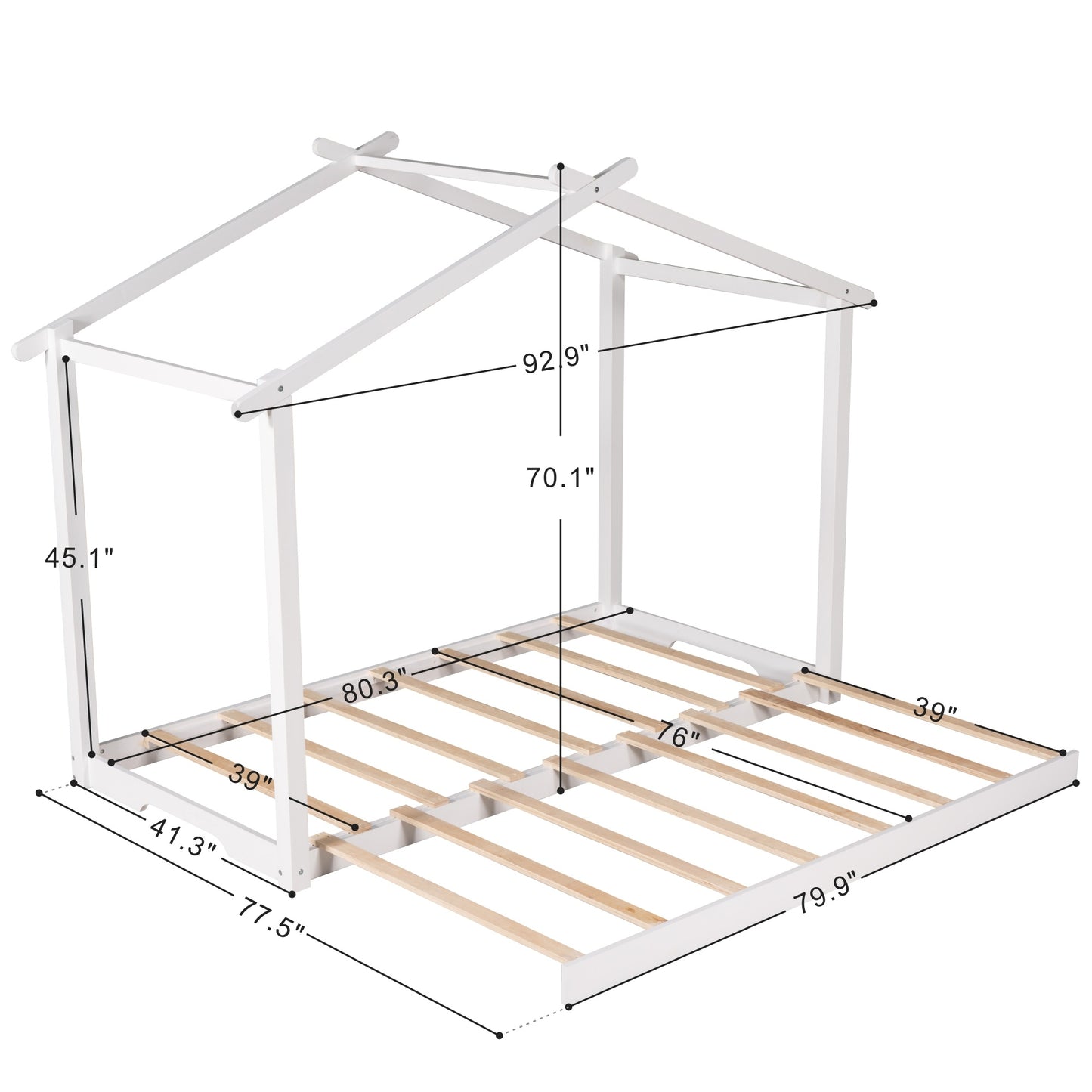 1 Twin XL/King Size House Platform Bed with Trundle,Roof Design